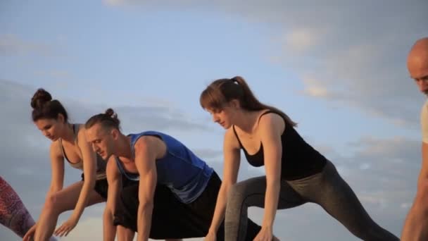 Grupo mixto de personas que practican yoga estilo de vida saludable fitness warrior poses — Vídeos de Stock