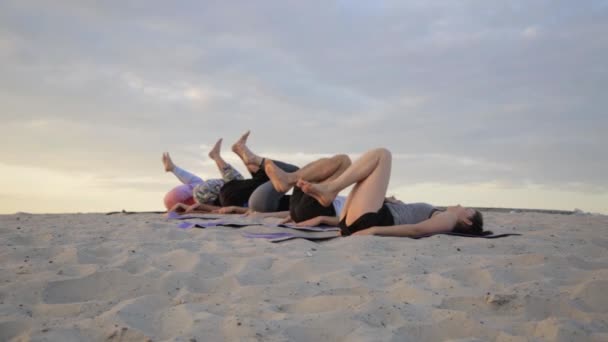 Mixed race group of people exercising yoga healthy lifestyle fitness warrior poses — Stock Video