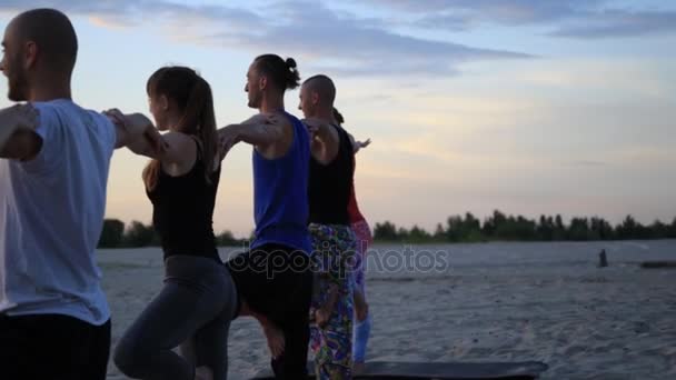 Mixed race group of people exercising yoga healthy lifestyle fitness warrior poses — Stock Video