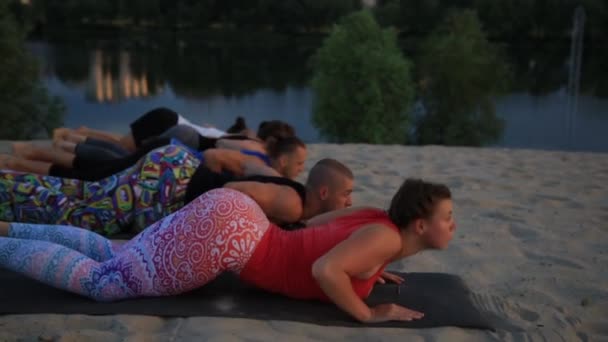 Grupo mixto de personas que practican yoga estilo de vida saludable fitness warrior poses — Vídeo de stock