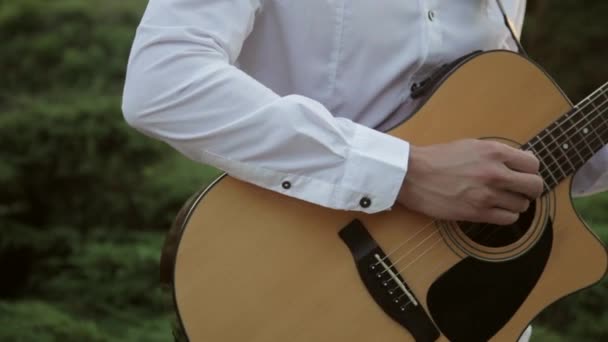 Hipster homem tocar a guitarra e canta ao ar livre pelo pôr do sol pitoresco e fundo verde — Vídeo de Stock