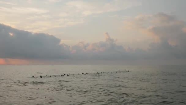 Dramático nascer do sol oceano mar praia como uma onda cai sobre ele e uma gaivota atravessa a cena — Vídeo de Stock