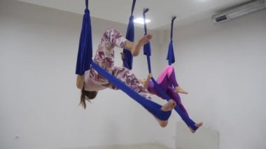 Bir grup genç insan hamak ile beyaz Studio hava yoga uygulamak. Ağır çekim