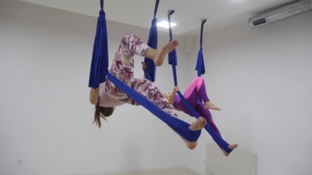 Grupo de jóvenes practicando yoga aéreo en estudio blanco con hamacas. Movimiento lento — Vídeos de Stock