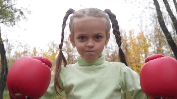 Niña niño patadas boxeo guantes uno al otro haciendo divertido tonto caras — Vídeo de stock