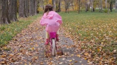 Sonbahar parkta pembe bisiklet sürmeyi kız talimi