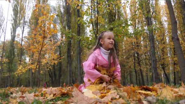 Funny, cheerful cute little girl jump throwing up a yellow autumn fallen leaves slow motion — Stock Video