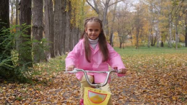 Little girl practice to ride a pink bicycle in the autumn park — Stock Video