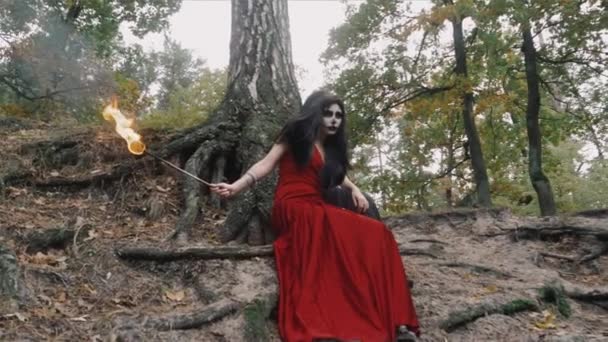Dos mujeres con el halloween asustadizo componen en vestido rojo y negro sentado cerca del árbol en el parque forestal al aire libre sosteniendo la antorcha de fuego en la mano . — Vídeos de Stock