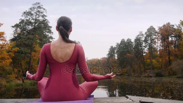 Женщина медитирует практикуя йогу в лесу Падмасана асана. 4k slow motion — стоковое видео