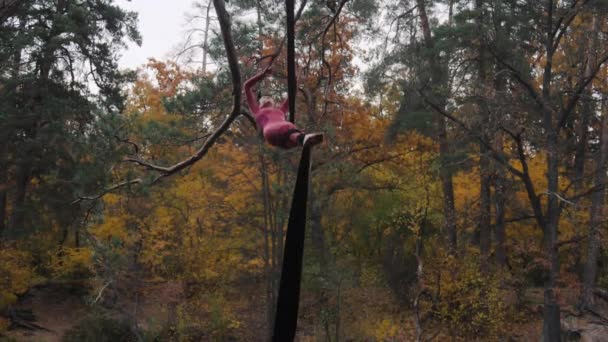 Mulher acrobata pendurada na seda aérea e mostra um show de acrobacias aéreas na floresta . — Vídeo de Stock
