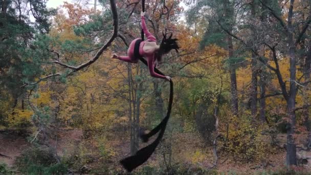 Acrobate femme accroché sur la soie aérienne et montre un spectacle d'acrobaties aériennes dans la forêt . — Video
