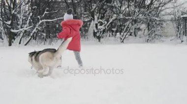 Genç kız açık havada ağır çekimde karda Siberian dış yapraklar malamute köpekle oynamayı
