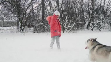 Genç kız açık havada ağır çekimde karda Siberian dış yapraklar malamute köpekle oynamayı