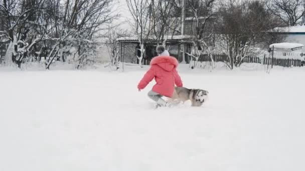 Chica joven jugando con perro husky malamute siberiano en la nieve al aire libre en cámara lenta — Vídeos de Stock