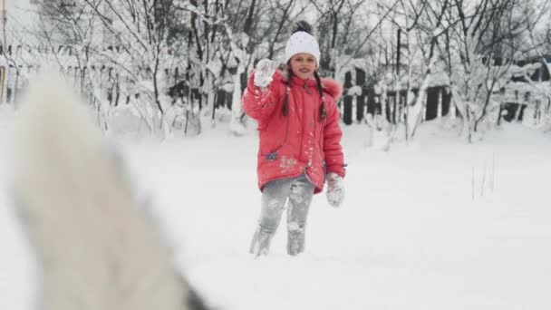 Młoda dziewczyna gra z siberian husky Malamut psa na śniegu na zewnątrz w zwolnionym tempie — Wideo stockowe