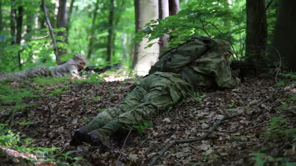 Francotirador guerrero partidario de la guerrilla apuntando en una emboscada forestal llevando su arma . — Vídeo de stock