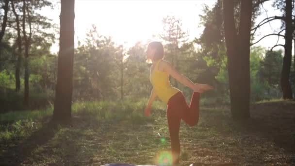 Lány, jóga nyújtás napnyugtakor erdőben. Lassú mozgás — Stock videók