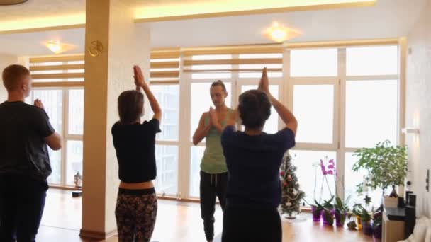 Aula de ioga de pessoas exercitando estilo de vida saudável no estúdio de fitness ioga . — Vídeo de Stock