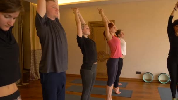 Klasa jogi z ludzi uprawiających sport, zdrowy tryb życia w fitness studio jogi. — Wideo stockowe
