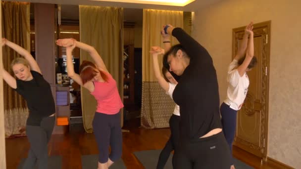 Lezione di yoga di persone che esercitano uno stile di vita sano in palestra yoga . — Video Stock