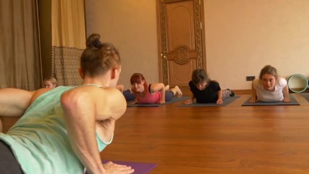 Μάθημα γιόγκα των ανθρώπων που ασκούν υγιεινού τρόπου ζωής στη yoga studio γυμναστικής. — Αρχείο Βίντεο