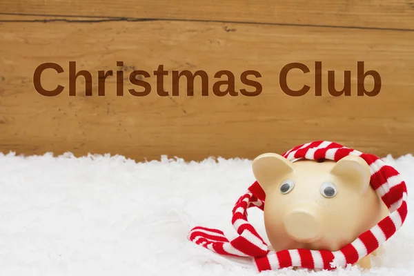 Sparplan für den Weihnachtsclub, Sparschwein mit Schal drauf — Stockfoto