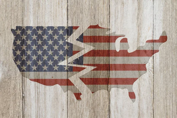 Divided USA patriotic old flag on a map and weathered wood backg — Stock Photo, Image