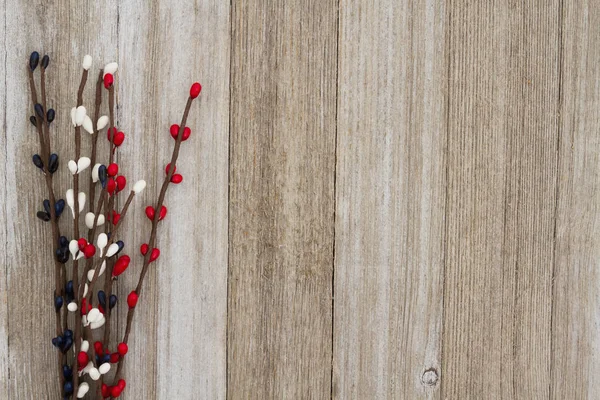 Borrifo de baga floral vermelho, branco e azul pip em bac de madeira intemperizada — Fotografia de Stock