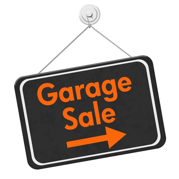 Asılı garaj satışı, oklu siyah turuncu tabela. — Stok fotoğraf