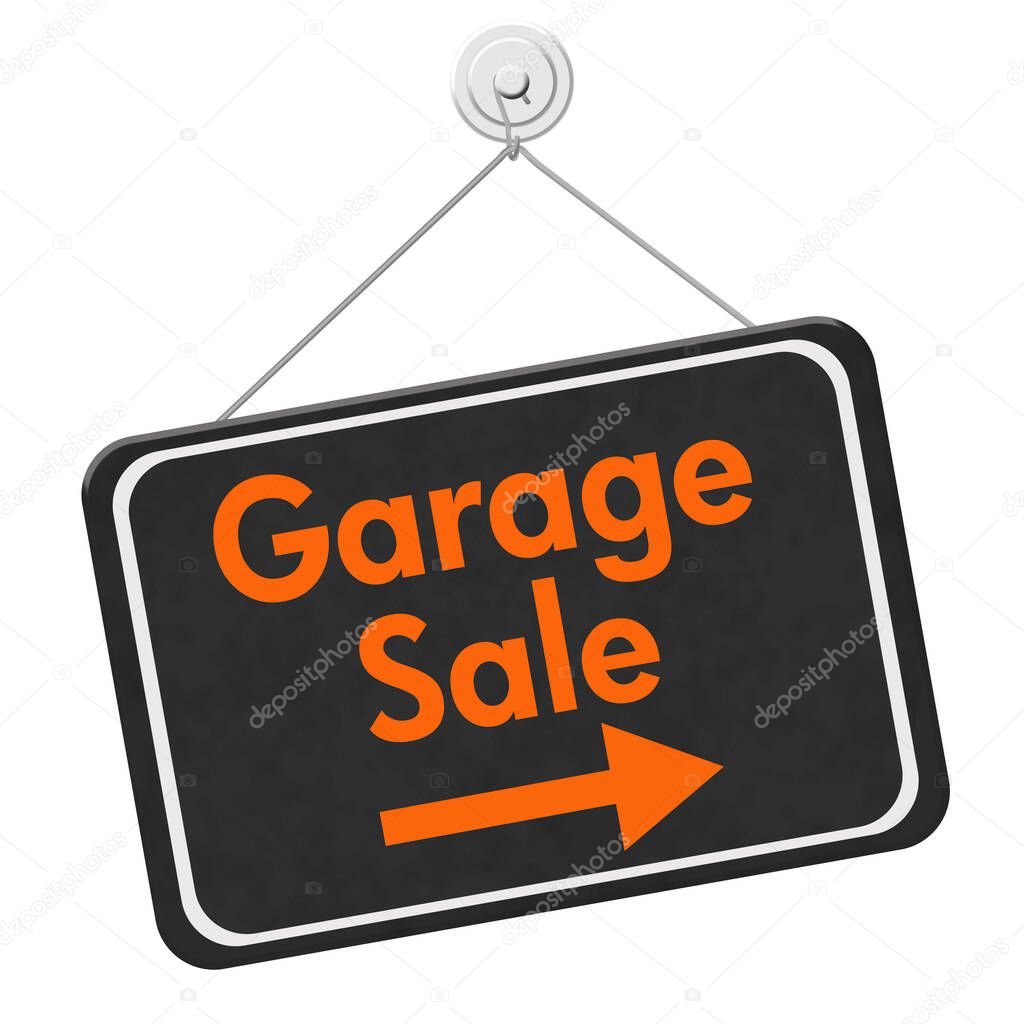 Hanging Garage Sale sign black and orange with arrow