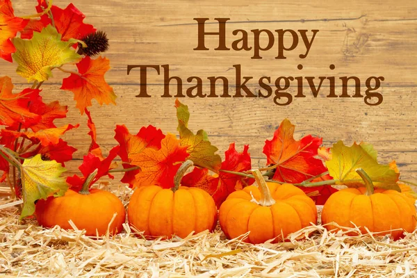 Feliz saludo de Acción de Gracias con calabazas naranjas y hojas de otoño — Foto de Stock