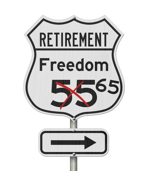 Pensioen met Freedom 65 plan route op een USA Highway Road Sign — Stockfoto