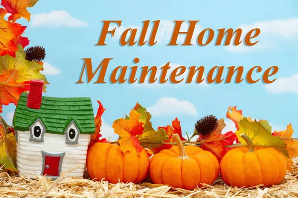 Fall Home Maintenance message with a friendly house and pumpkins