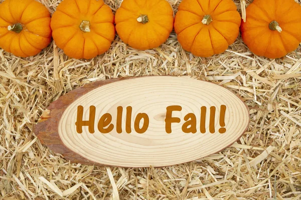 Hallo Herfst bericht met stro hooi en pompoenen — Stockfoto