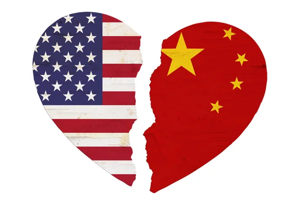 Banderas americanas y chinas en un corazón roto — Foto de Stock