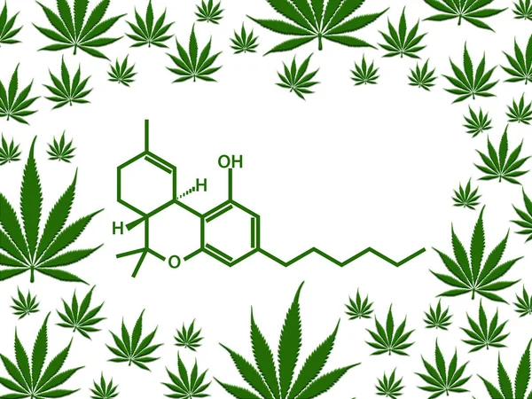 Structure chimique de marijuana avec bordure de feuille verte — Photo