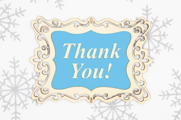 Mensaje de agradecimiento en un marco de madera con copos de nieve — Foto de Stock
