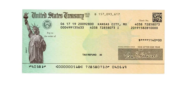 United States Treasury check for either a federal tax refund or — Stock Photo, Image