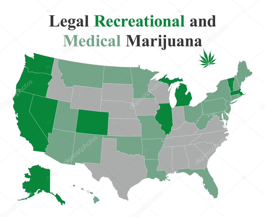 USA map of states where marijuana is legal for recreational and 