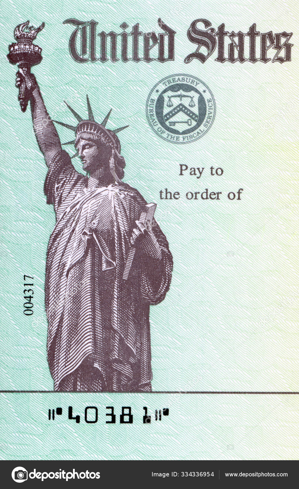 Close up of United States Treasury check for either a federal ta Stock