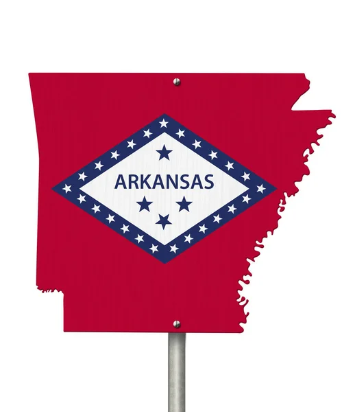 Arkansas Állam Útjelző Táblája Államtérkép Alakjában Fehér Felett Elszigetelt Zászlóval — Stock Fotó