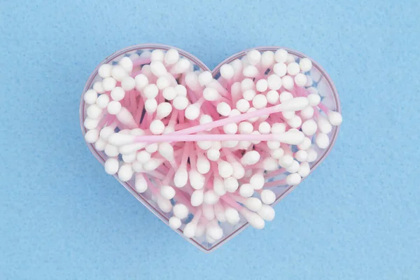 White Pink Cotton Swabs Heart Container Blue Textured Material — Stock Photo, Image