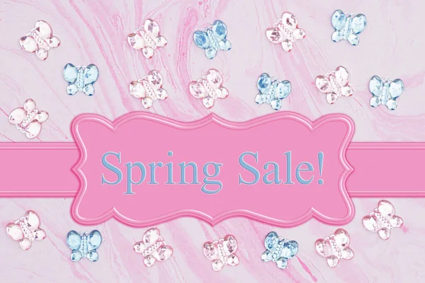 Spring Sale Message Pink Blue Glass Butterflies Pink Textured Watercolor — Stock Photo, Image