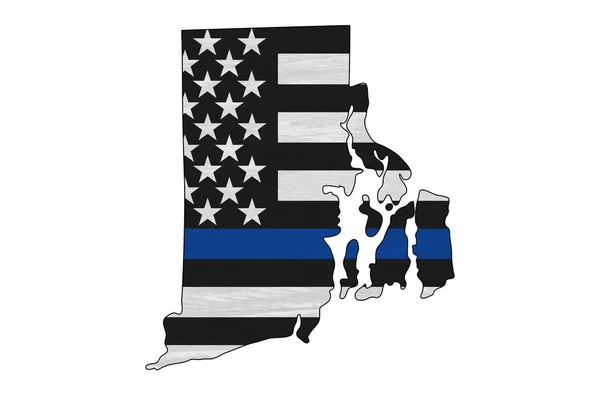 American thin blue line flag on map of Rhode Island for your support of police officers