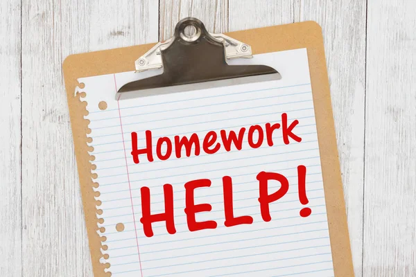 Homework Help Message Lined Paper Clipboard Weathered Whitewash Wood — Stock Photo, Image