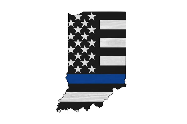 印第安纳地图上的美国细蓝旗 以支持警察 — 图库照片