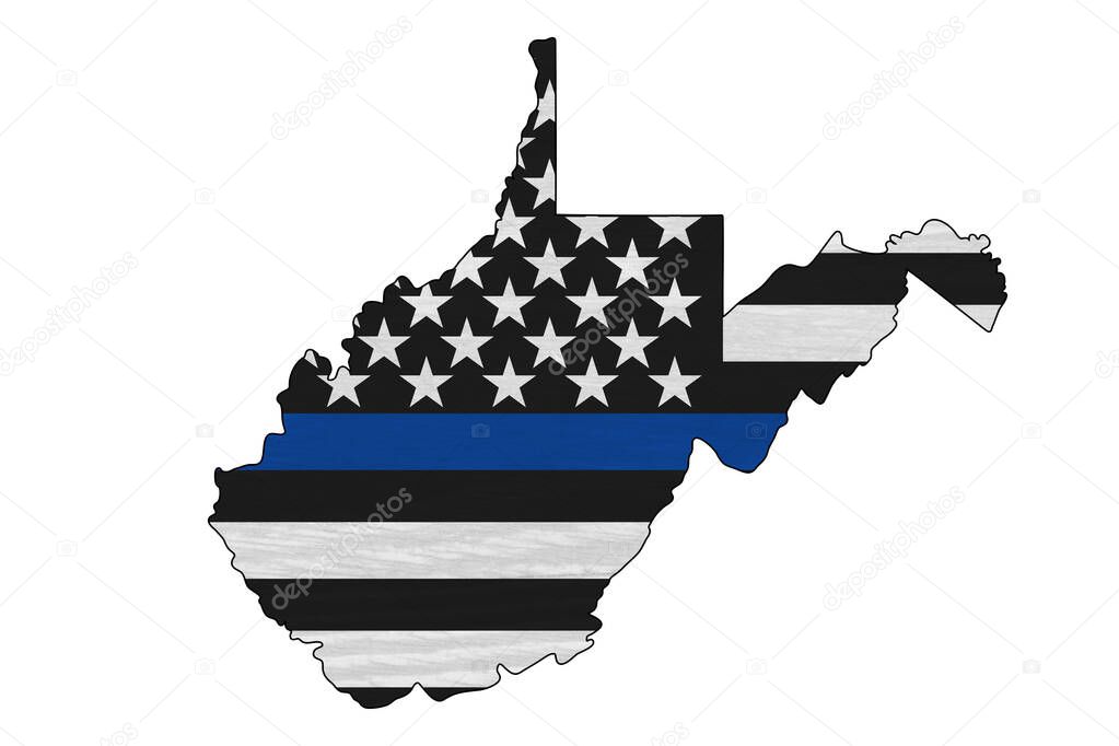 American thin blue line flag on map of West Virginia for your support of police officers