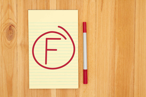 Getting a bad grade F on yellow legal lined notepad paper with a marker on pine wood desk