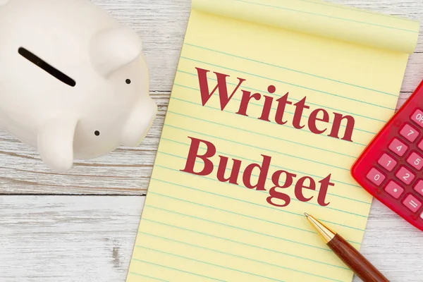 Anota Presupuesto Con Una Alcancía Bloc Notas Bolígrafo Calculadora Madera — Foto de Stock